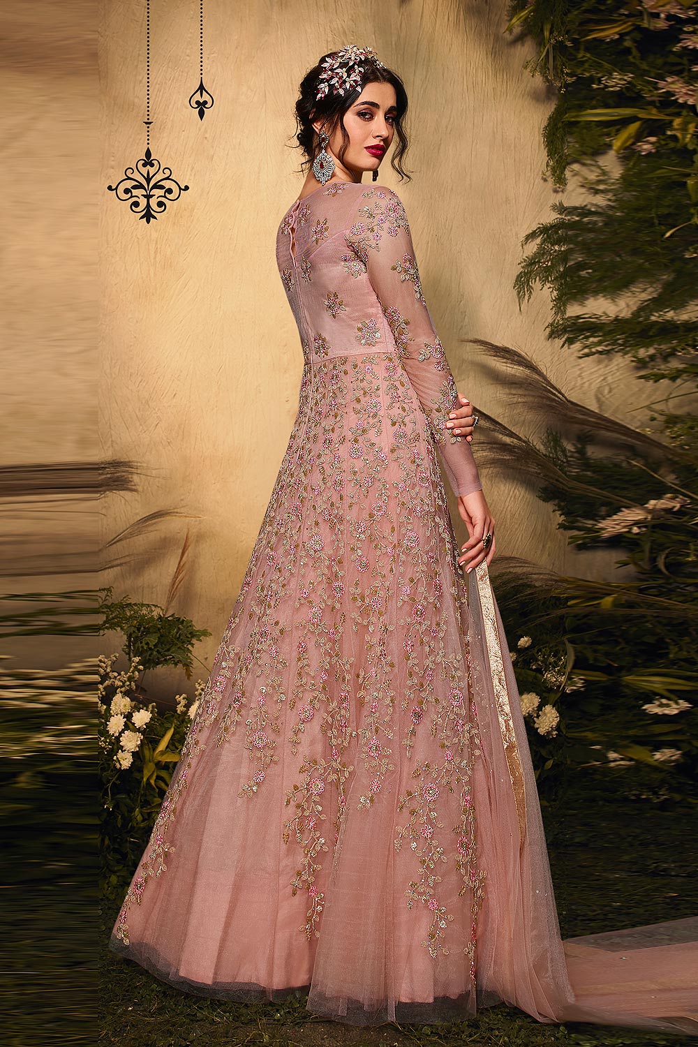 Dusky Pink Floral Embroidered Net Anarkali Suit - Image 4