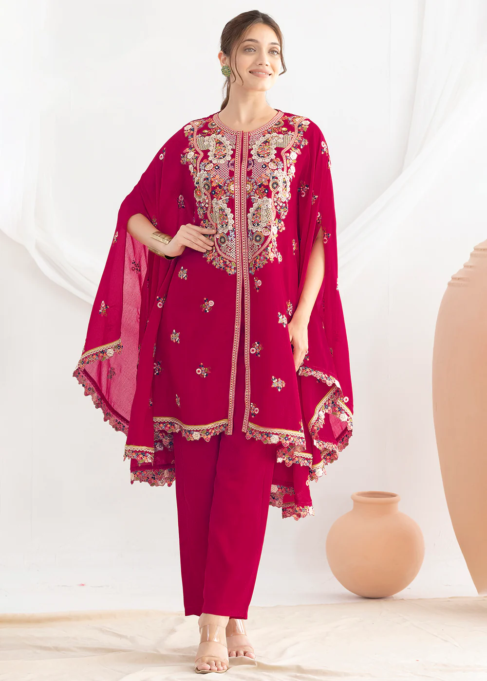 Pink Floral Embroidered Kaftan Style Dress