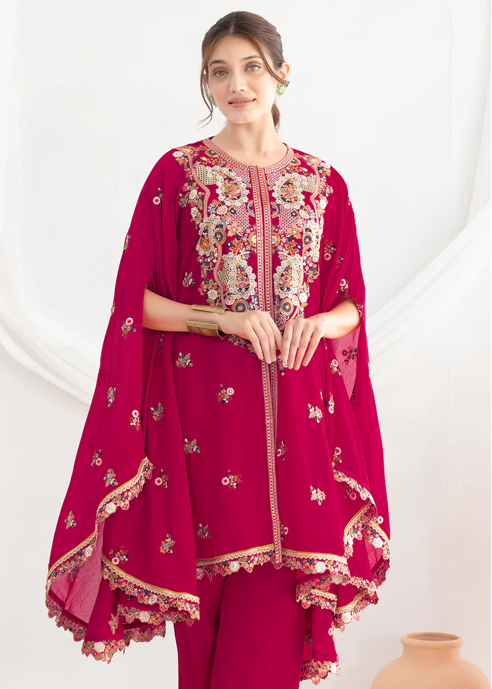 Pink Floral Embroidered Kaftan Style Dress - Image 2