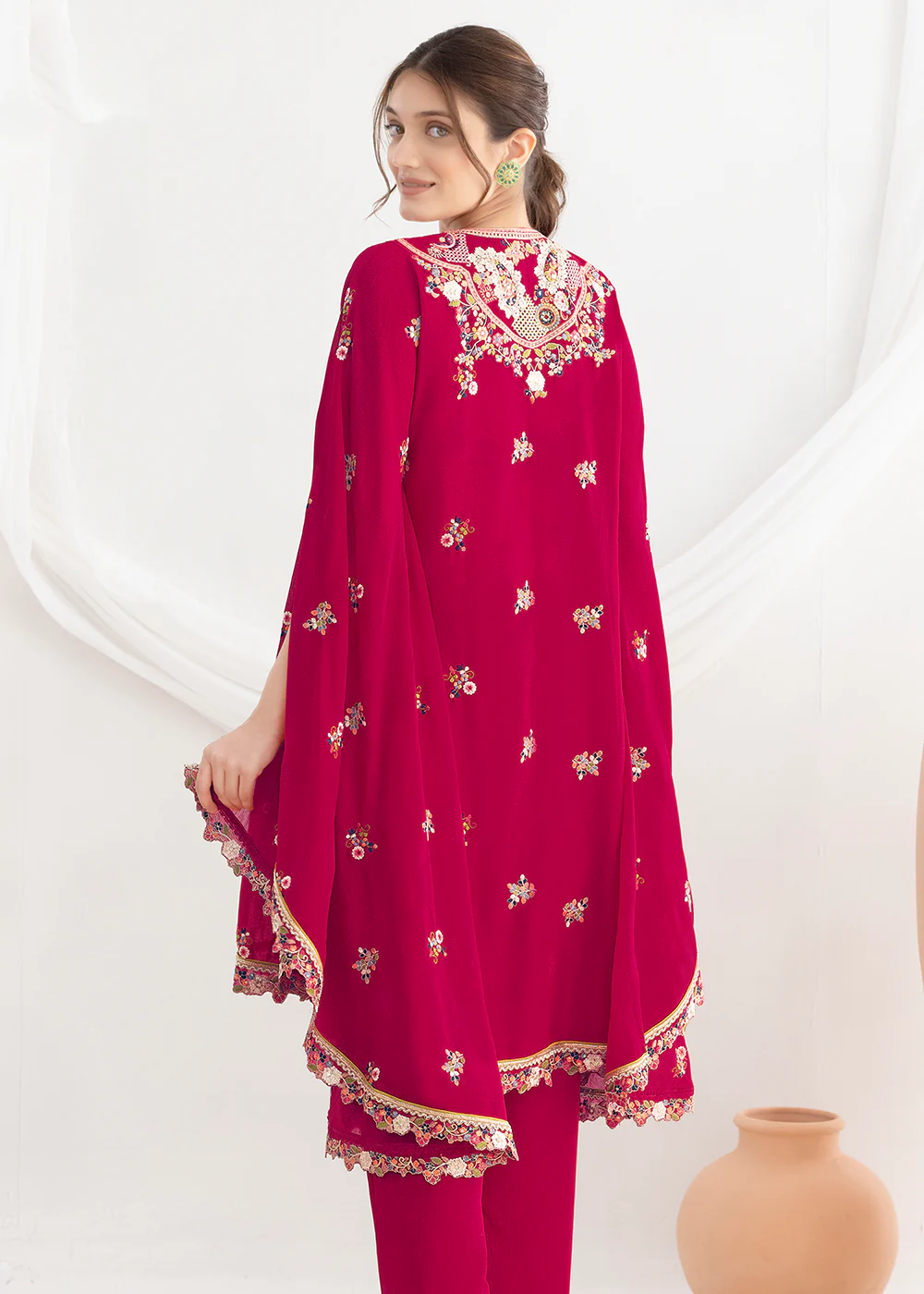 Pink Floral Embroidered Kaftan Style Dress - Image 3