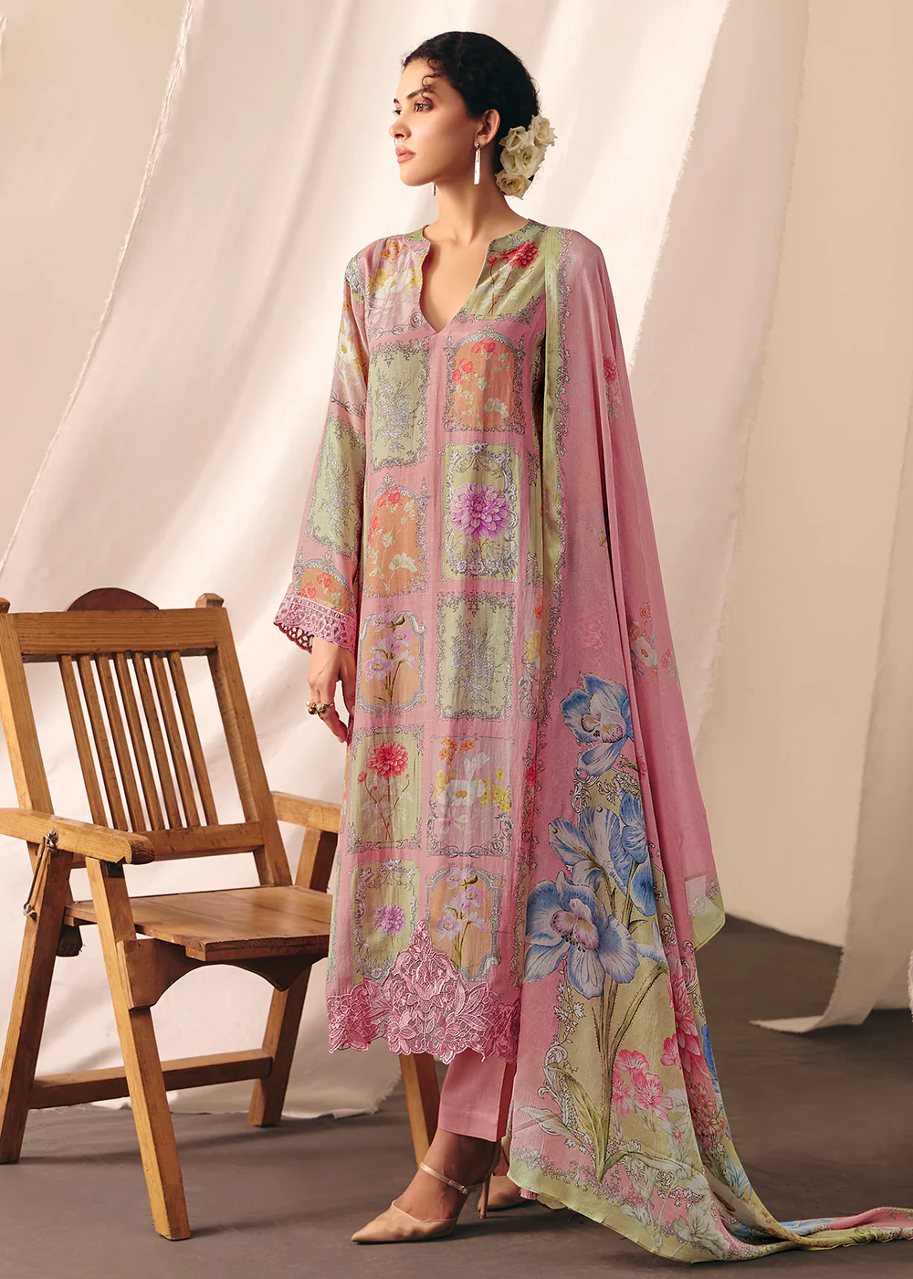 Pink Floral Printed Muslin Pant Style Salwar Suit