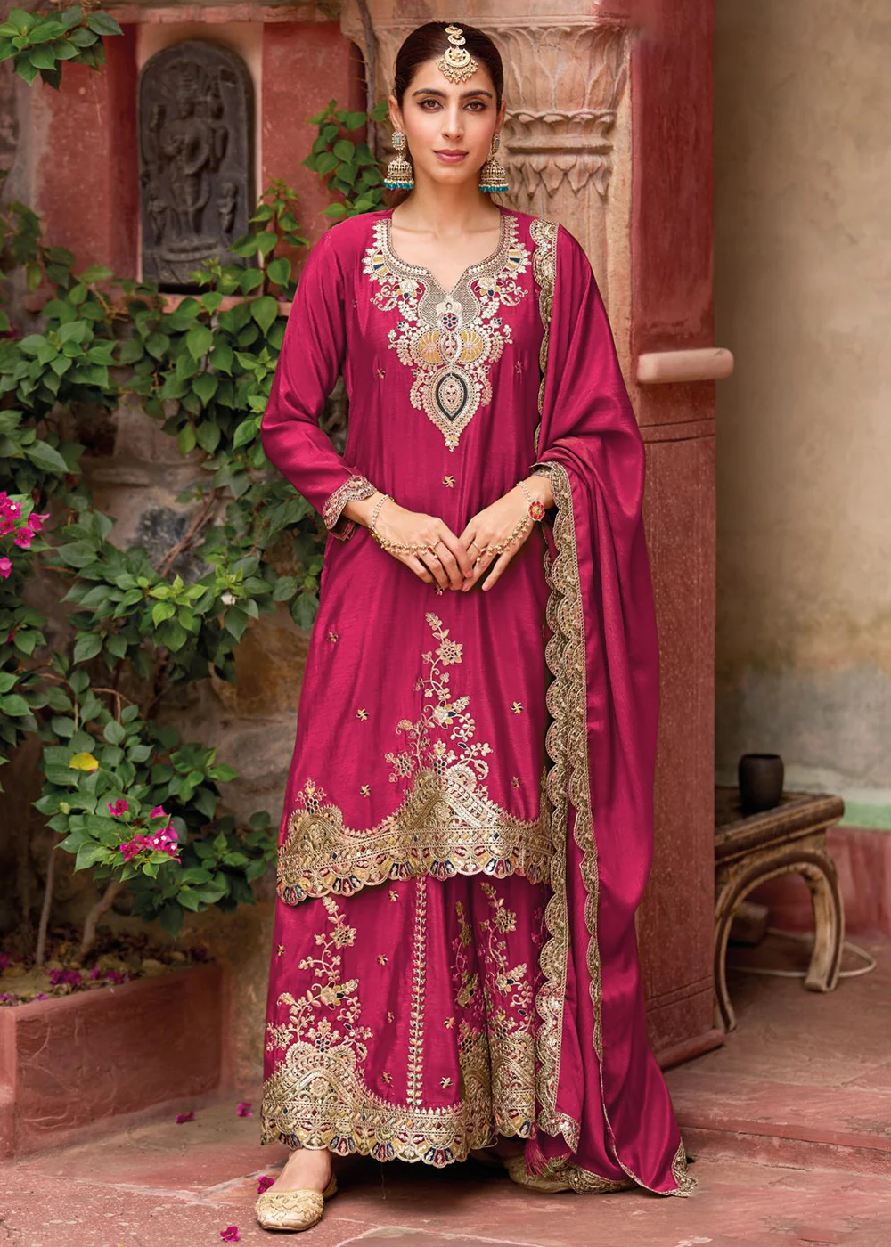 Pink Foil Work Chinnon Silk Palazzo Style Suit