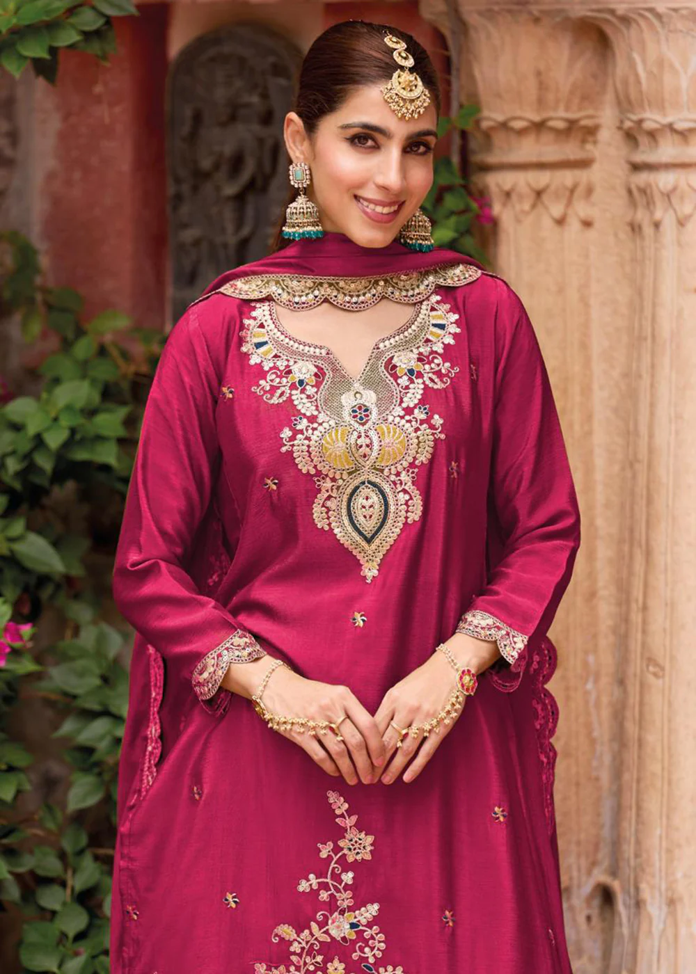 Pink Foil Work Chinnon Silk Palazzo Style Suit - Image 2