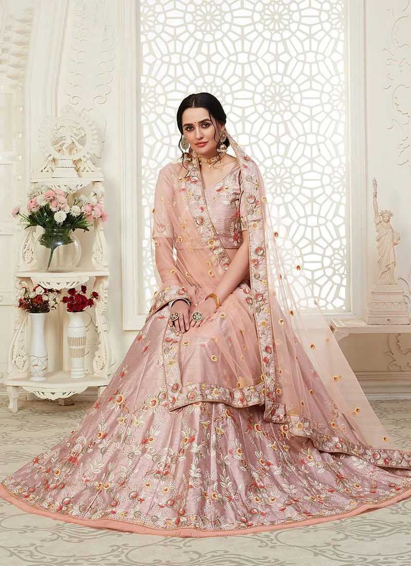 Pink Frilled Embroidered Art Silk Lehenga Choli - Image 2