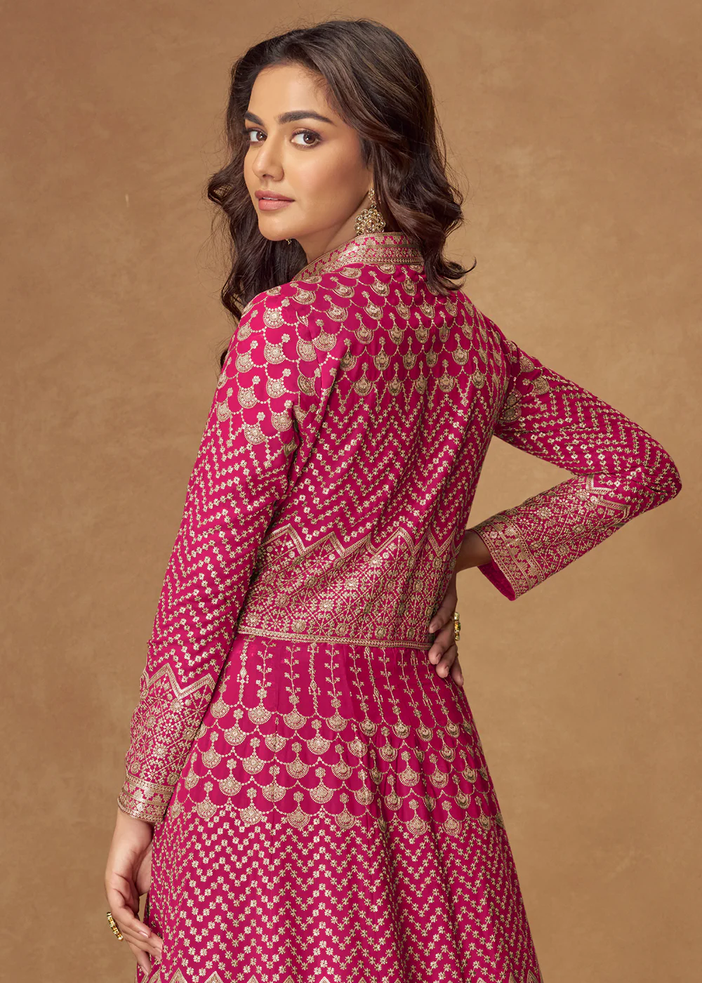 Pink Front & Back Embroidered Slit Skirt Anarkali Suit - Image 3