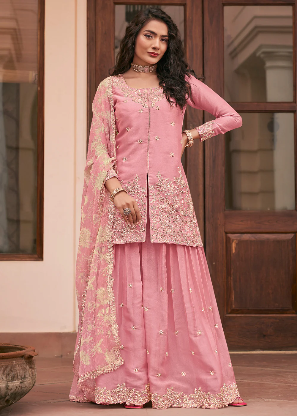 Pink Front Slit Style Embroidered Silk Palazzo Suit