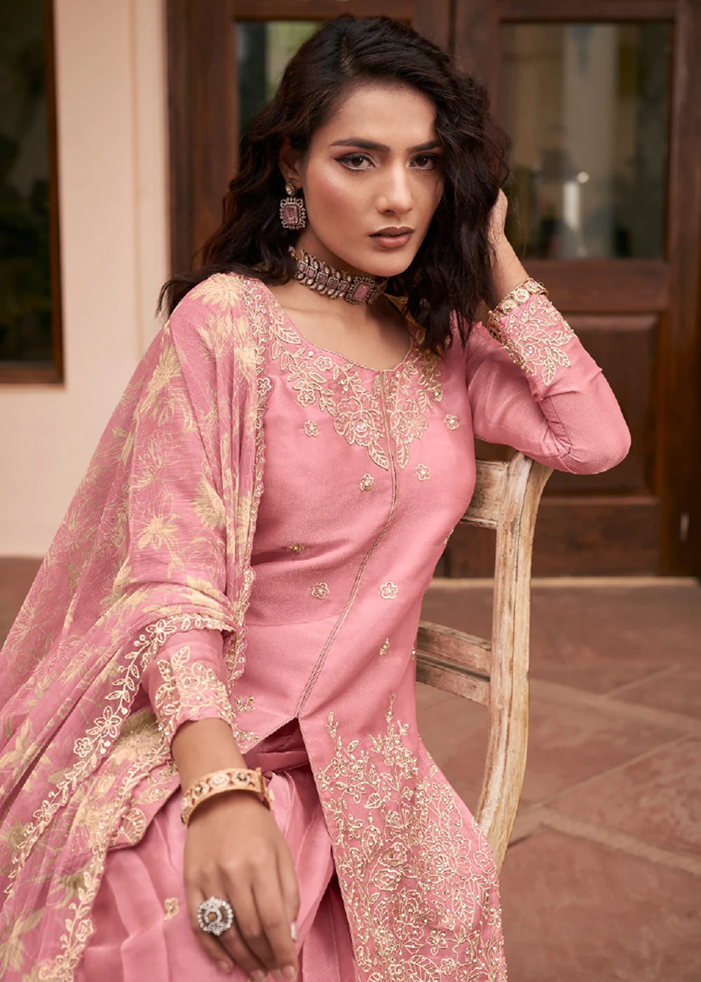 Pink Front Slit Style Embroidered Silk Palazzo Suit - Image 2