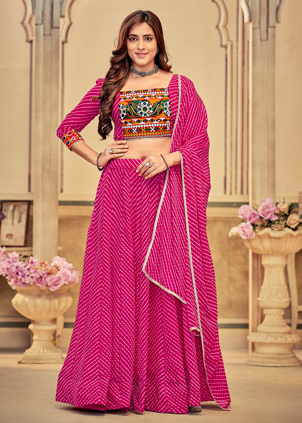 Pink Gamthi Work Georgette Navratri Special Chaniya Choli