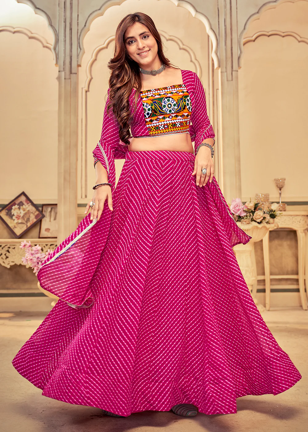 Pink Gamthi Work Georgette Navratri Special Chaniya Choli - Image 4