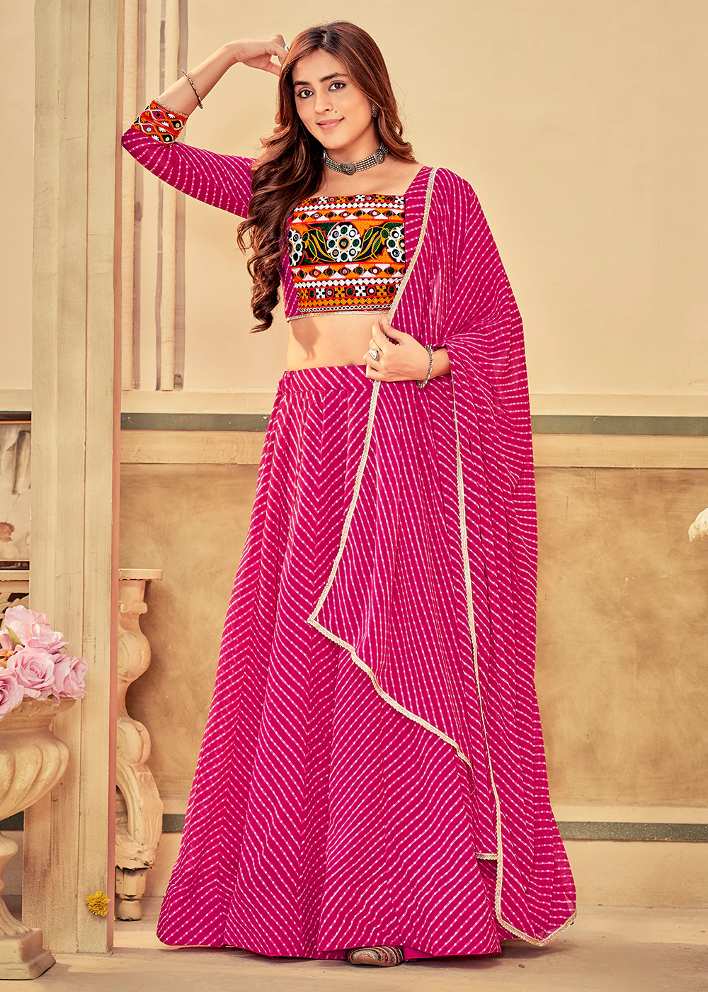 Pink Gamthi Work Georgette Navratri Special Chaniya Choli - Image 5