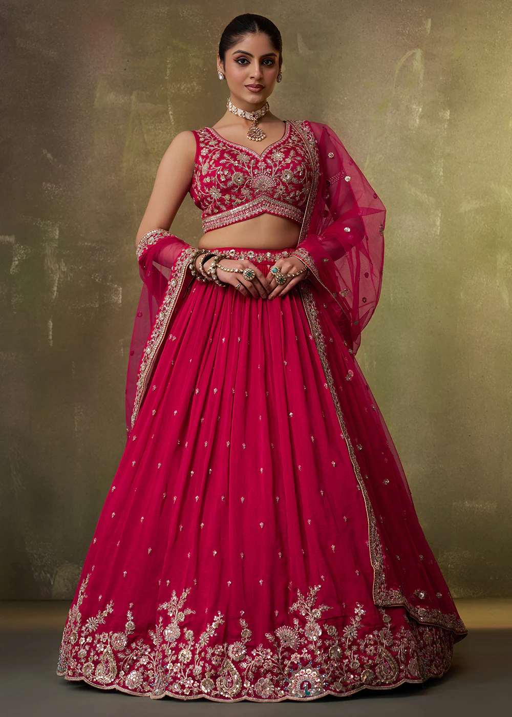 Pink Georgette Embroidered Wedding Lehenga Choli