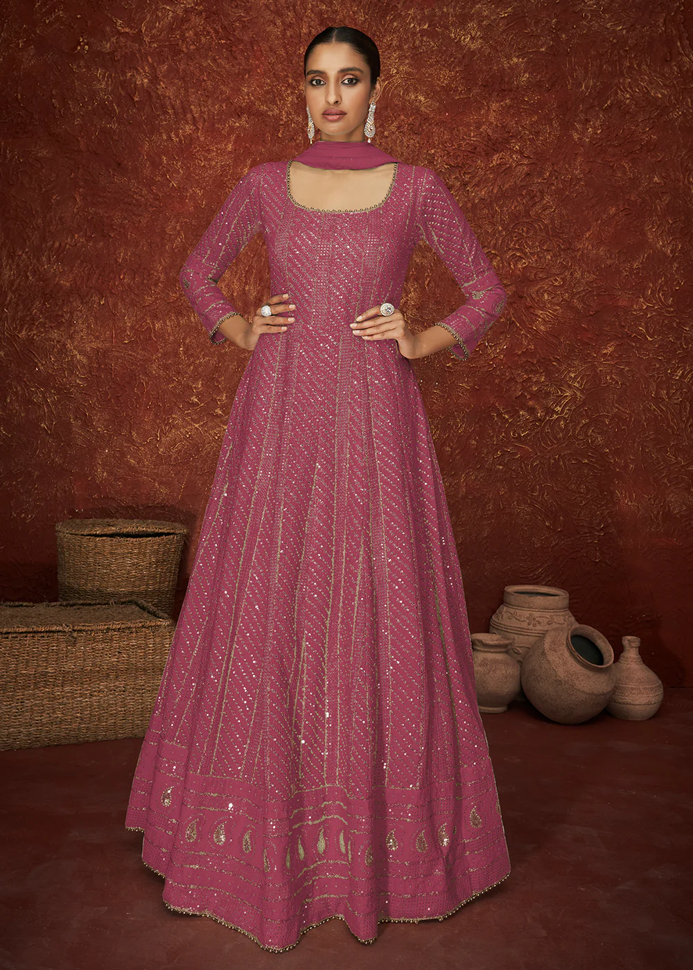 Pink Georgette Long Embroidered Anarkali Suit