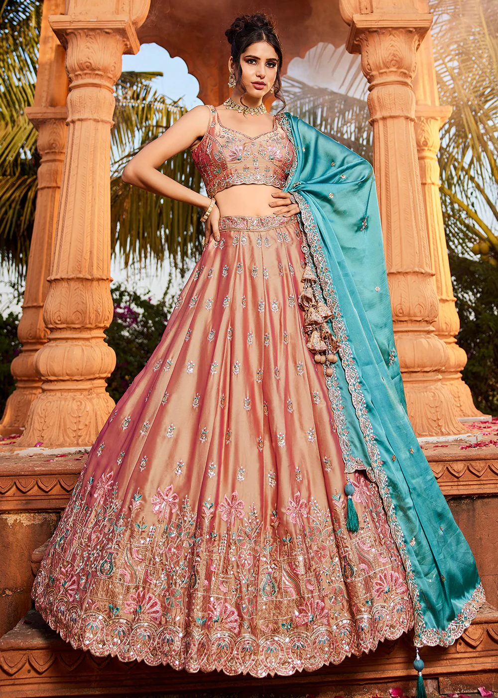 Pink Georgette Sequins Wedding Wear Lehenga Choli