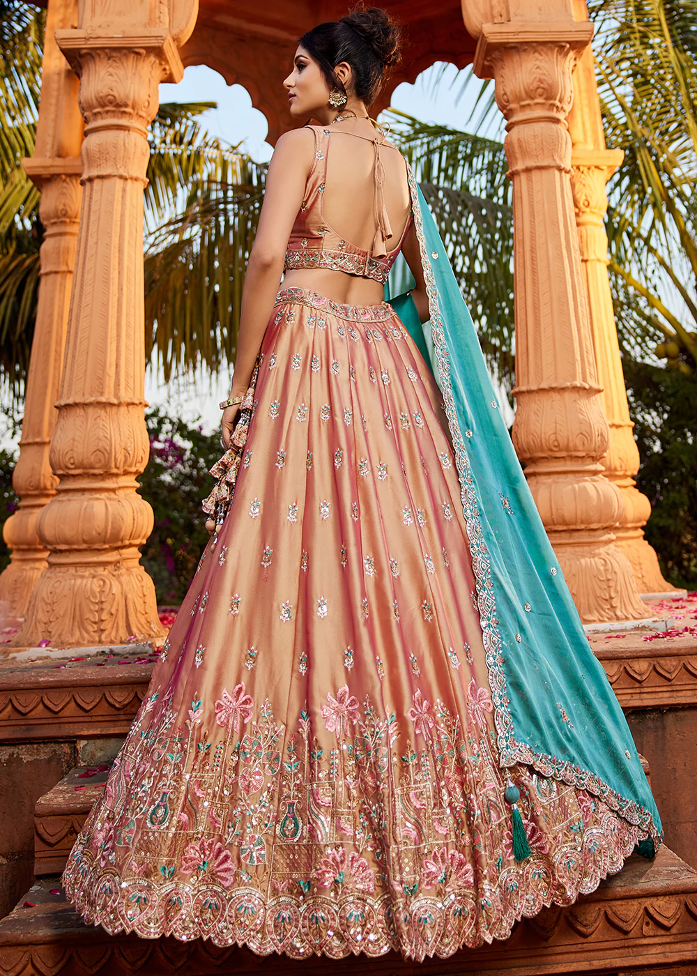 Pink Georgette Sequins Wedding Wear Lehenga Choli - Image 3