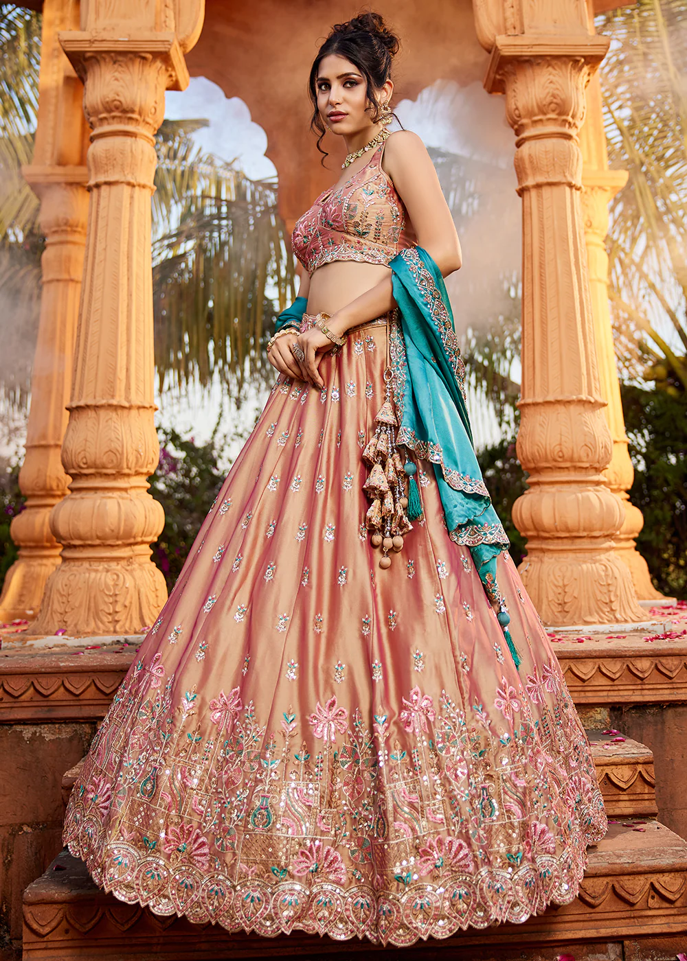 Pink Georgette Sequins Wedding Wear Lehenga Choli - Image 4