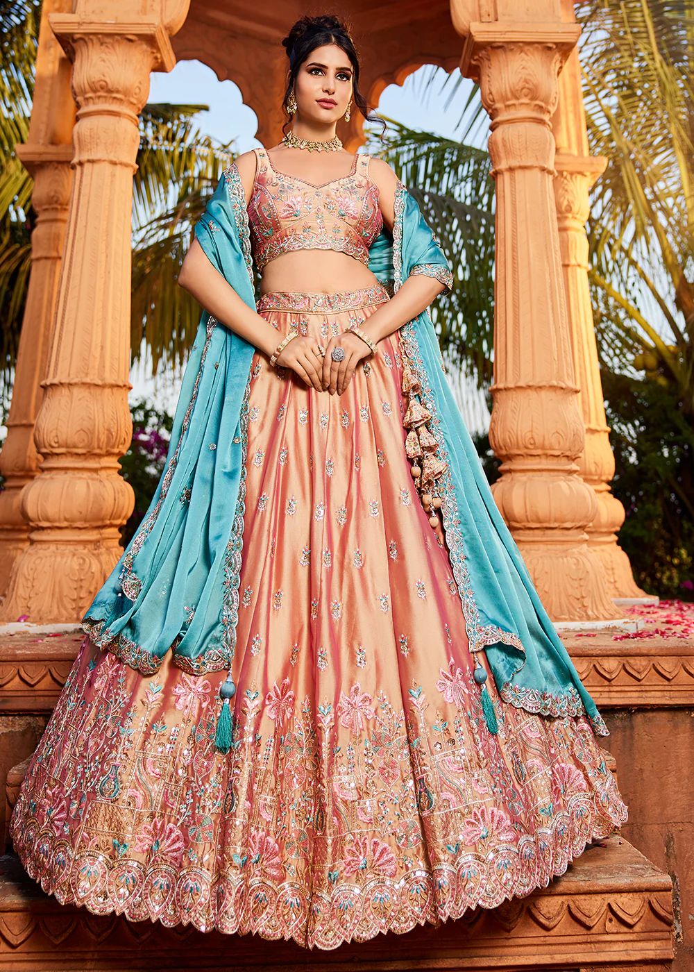 Pink Georgette Sequins Wedding Wear Lehenga Choli - Image 6