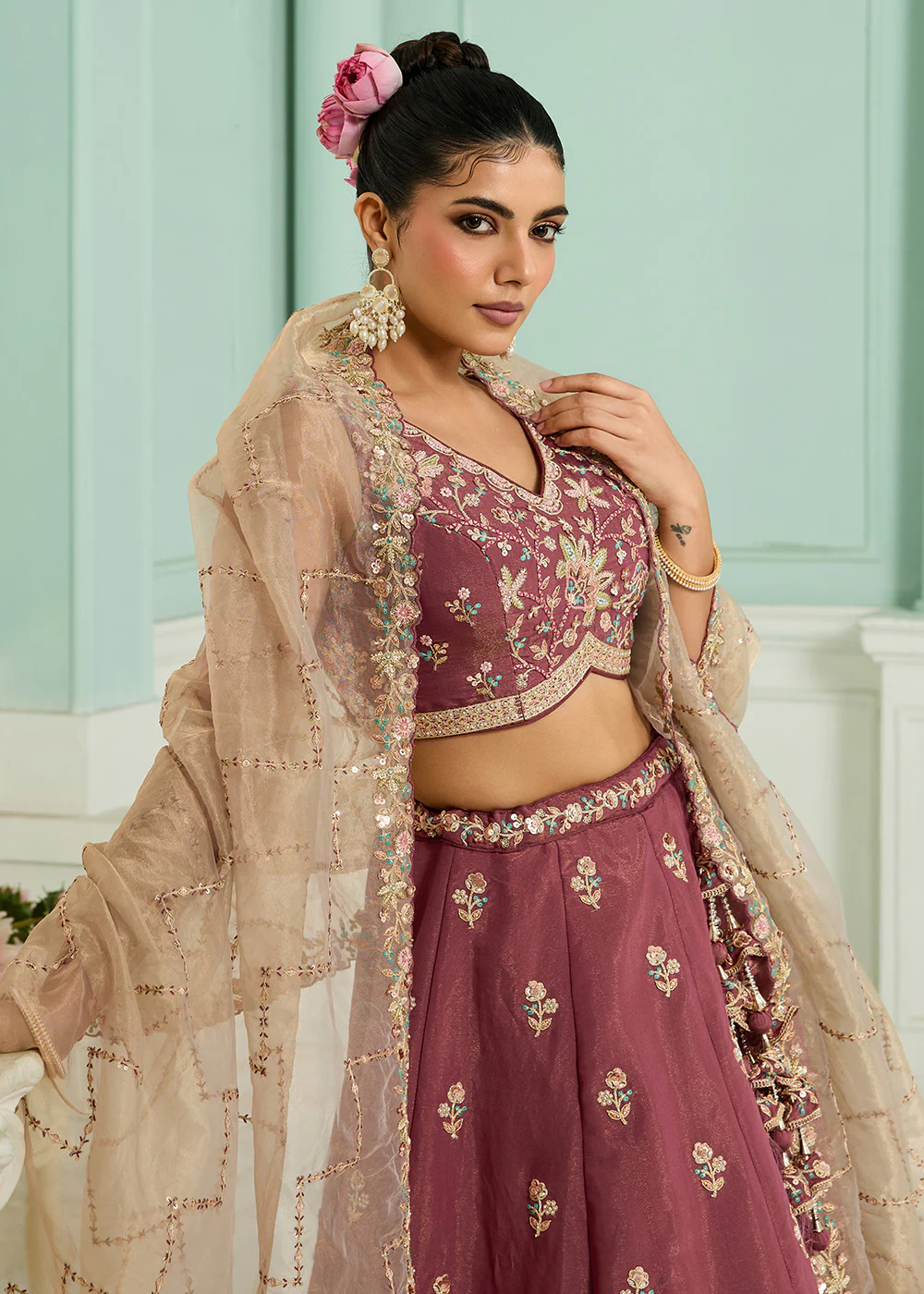 Pink Georgette Wedding Embroidered Lehenga Choli - Image 5