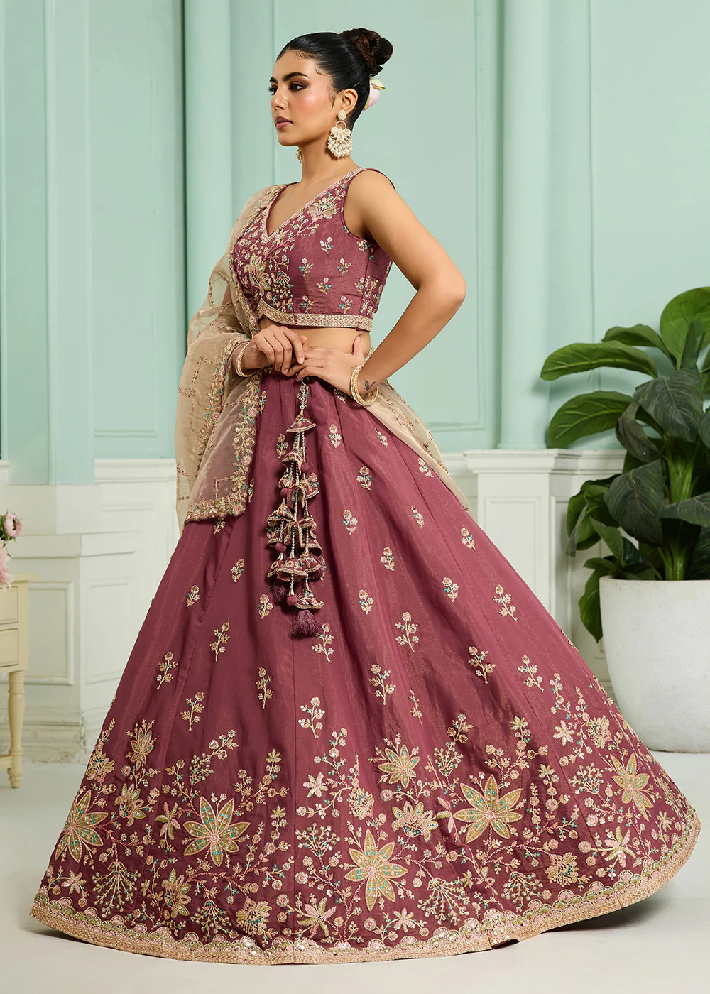 Pink Georgette Wedding Embroidered Lehenga Choli - Image 6