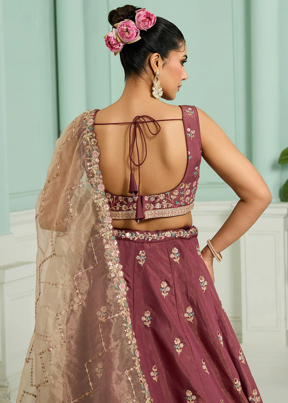 Pink Georgette Wedding Embroidered Lehenga Choli - Image 8