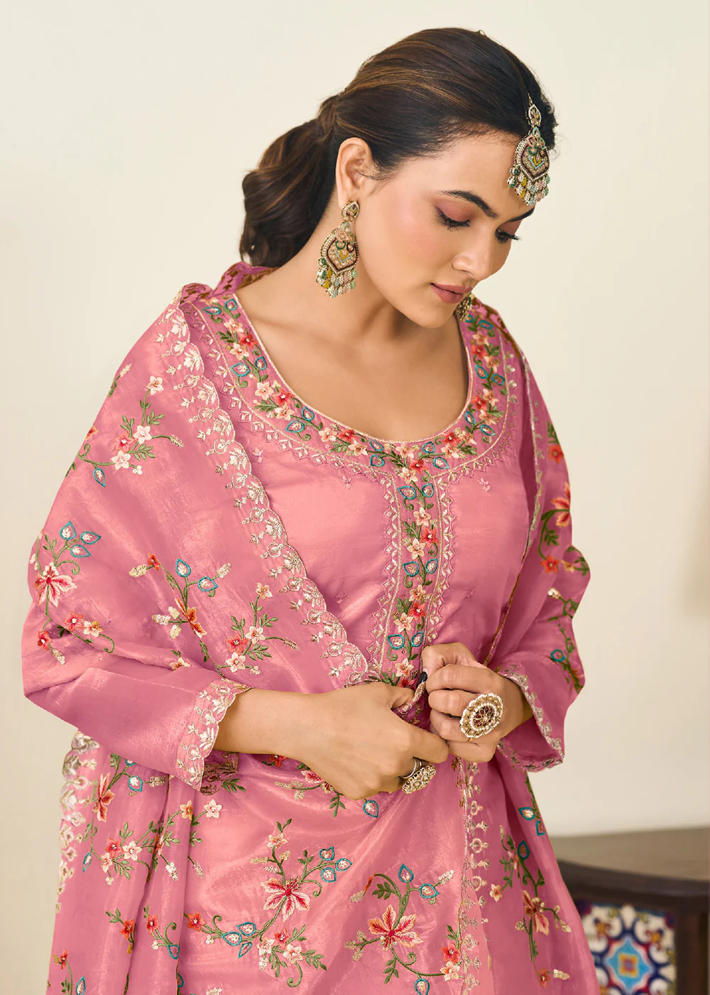 Pink Gold Crushed Silk With Embroidered Pant Salwar Suit - Image 2