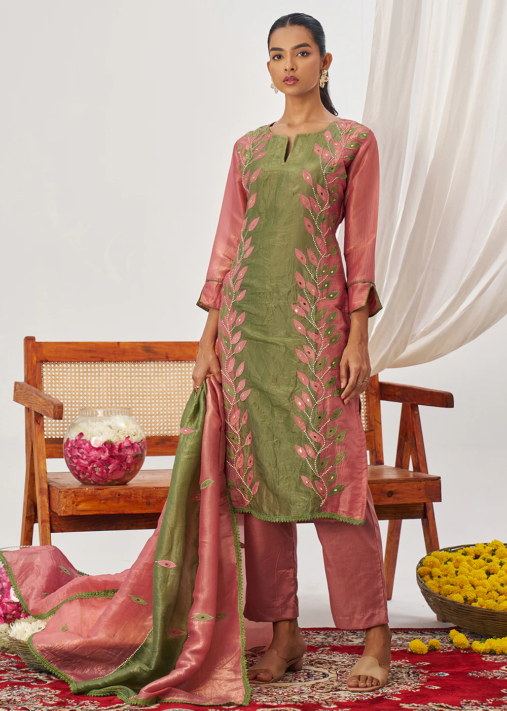 Pink & Green Fancy Crush Pant Style Salwar Suit