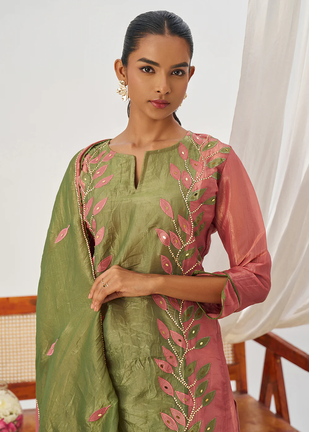 Pink & Green Fancy Crush Pant Style Salwar Suit - Image 2