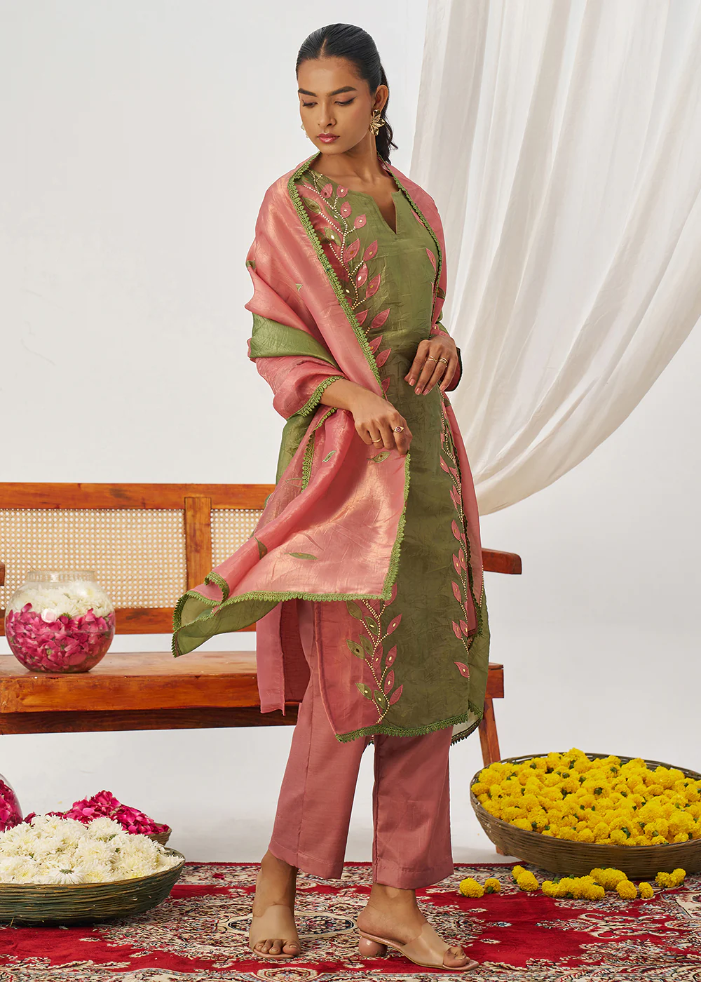 Pink & Green Fancy Crush Pant Style Salwar Suit - Image 3