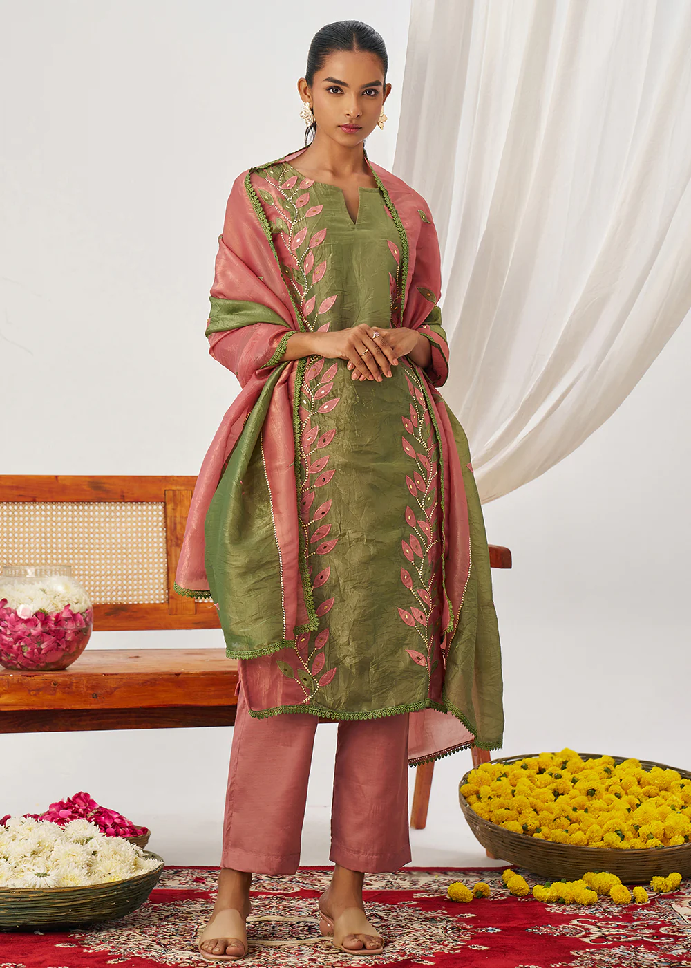 Pink & Green Fancy Crush Pant Style Salwar Suit - Image 5