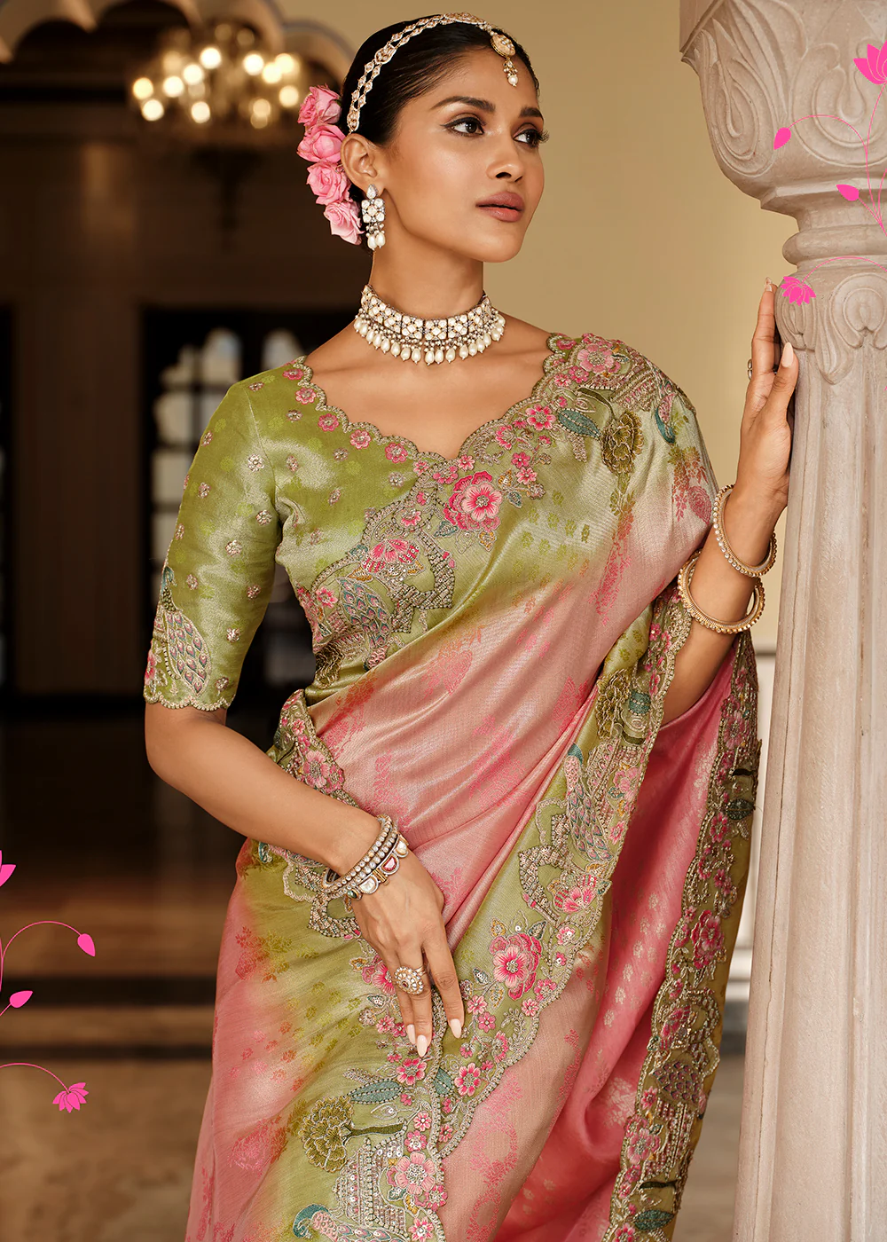 Pink & Green Traditional Embroidered Designer Saree - Image 2
