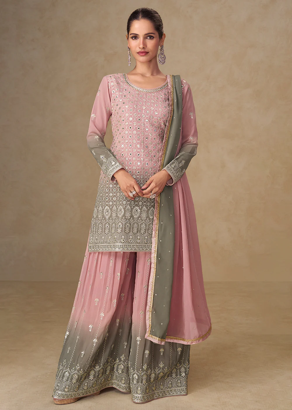 Pink & Grey Mirror Handwork Georgette Palazzo Suit