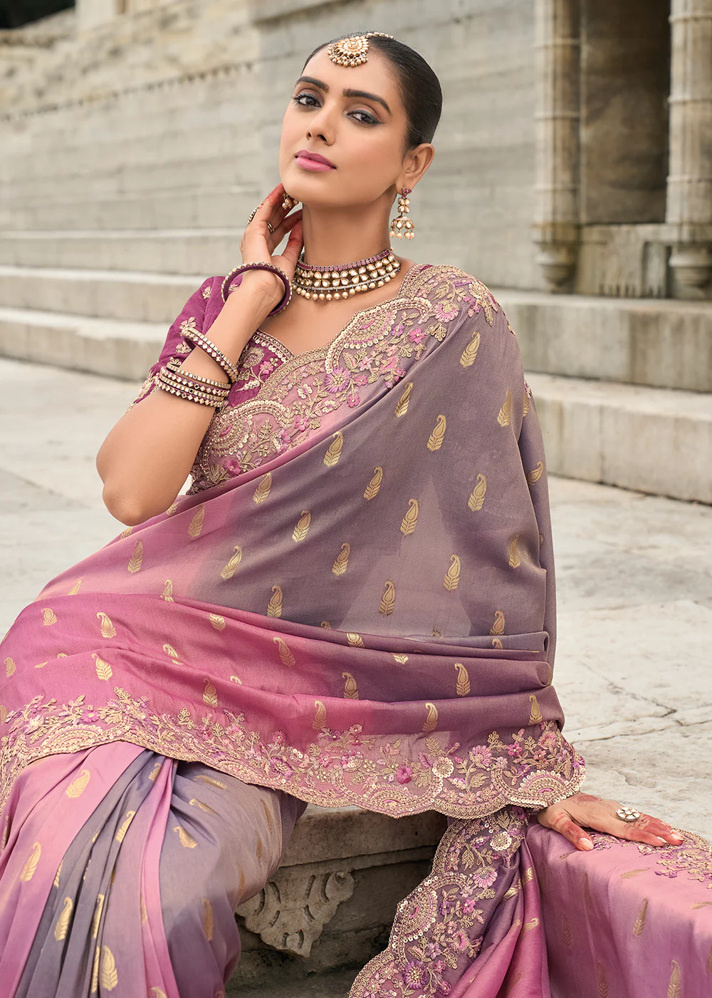 Pink Grey Viscose Tissue Silk Designer Saree - Image 2