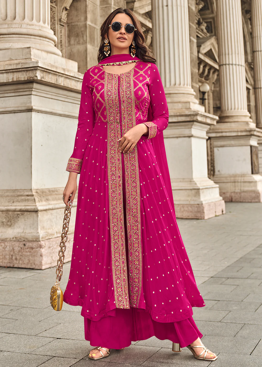 Pink Hand Embellished Work Slit Palazzo Suit
