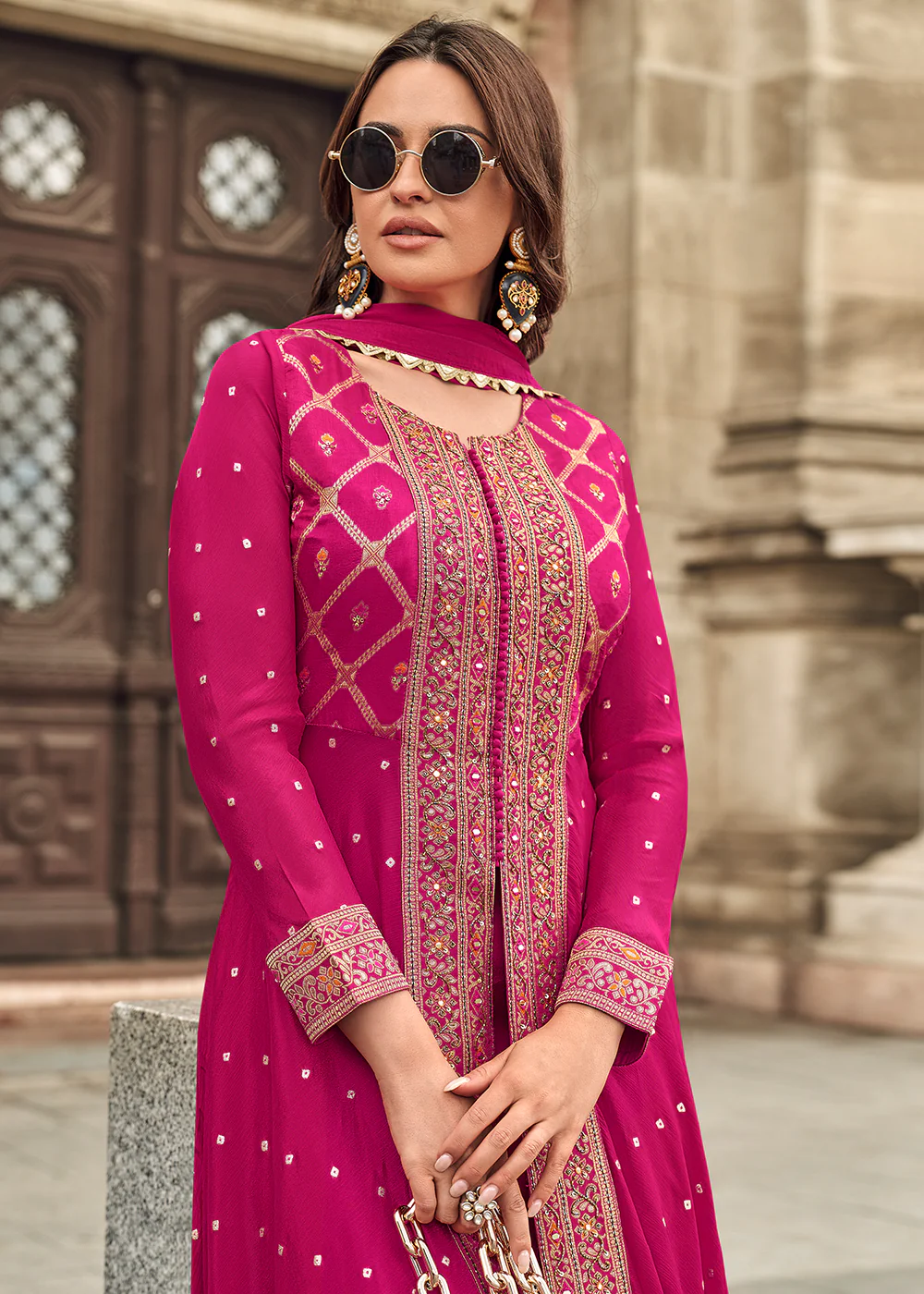 Pink Hand Embellished Work Slit Palazzo Suit - Image 2