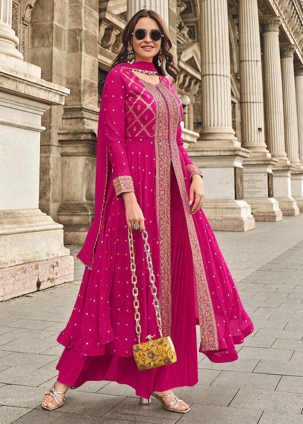 Pink Hand Embellished Work Slit Palazzo Suit - Image 3