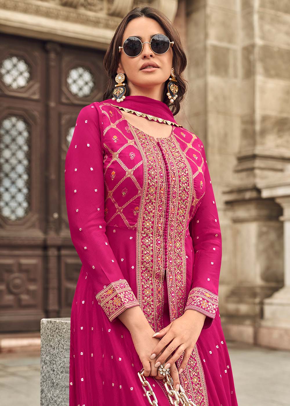 Pink Hand Embellished Work Slit Palazzo Suit - Image 4