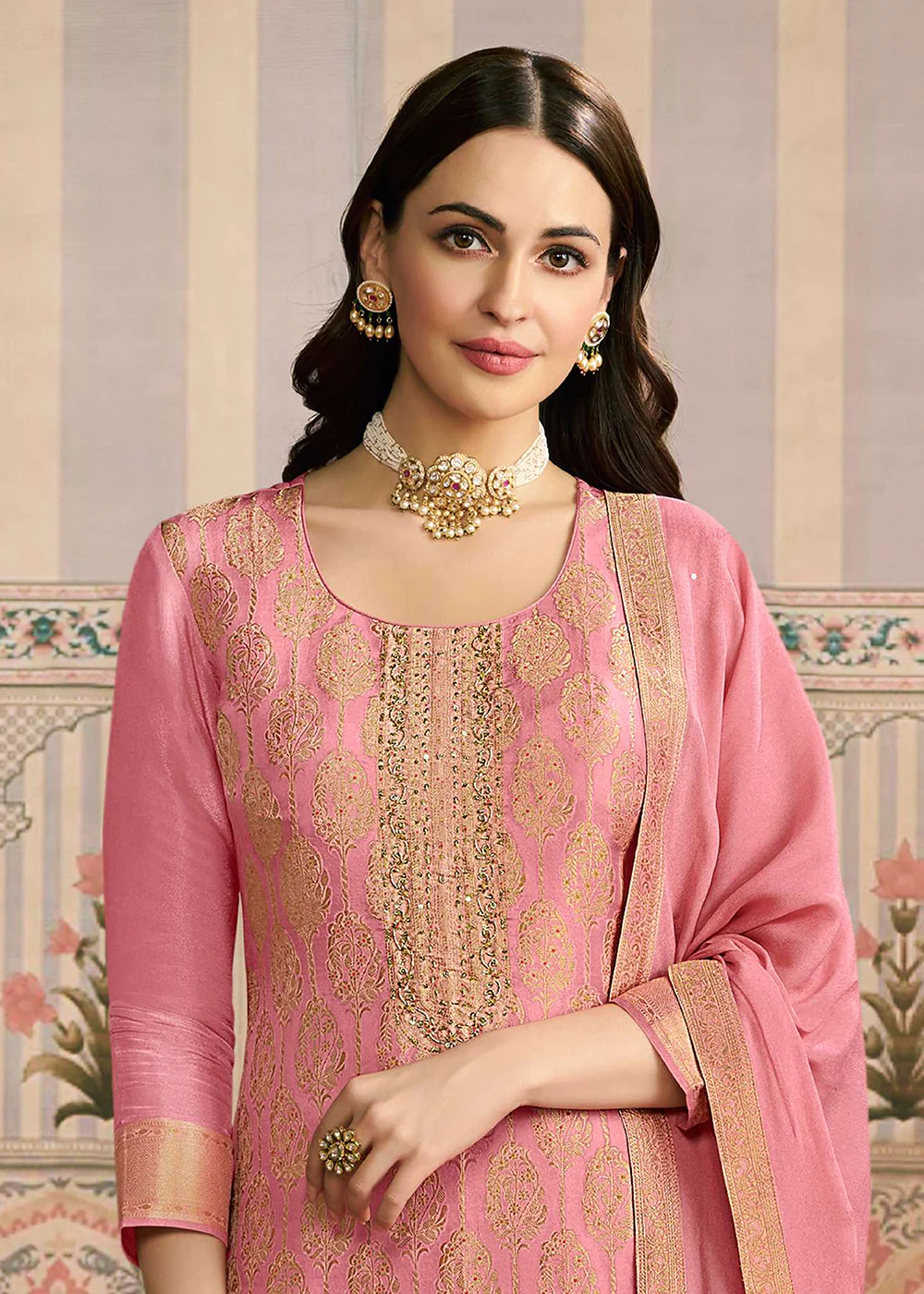 Pink Handwork Shimmer Jacquard Festive Salwar Suit - Image 2