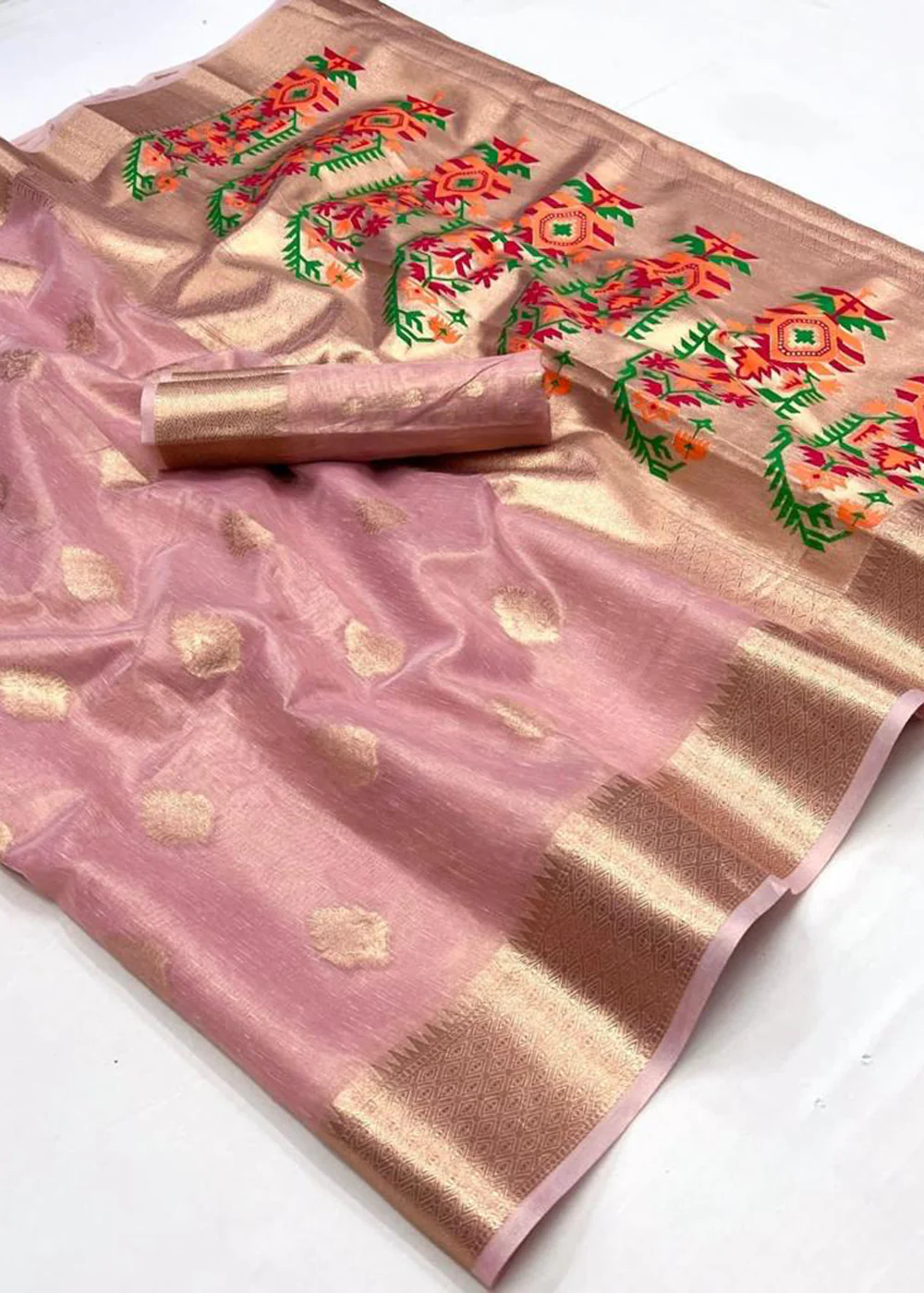 Pink Handwoven Tissue Fabric Festive & Party Style Saree - Image 3