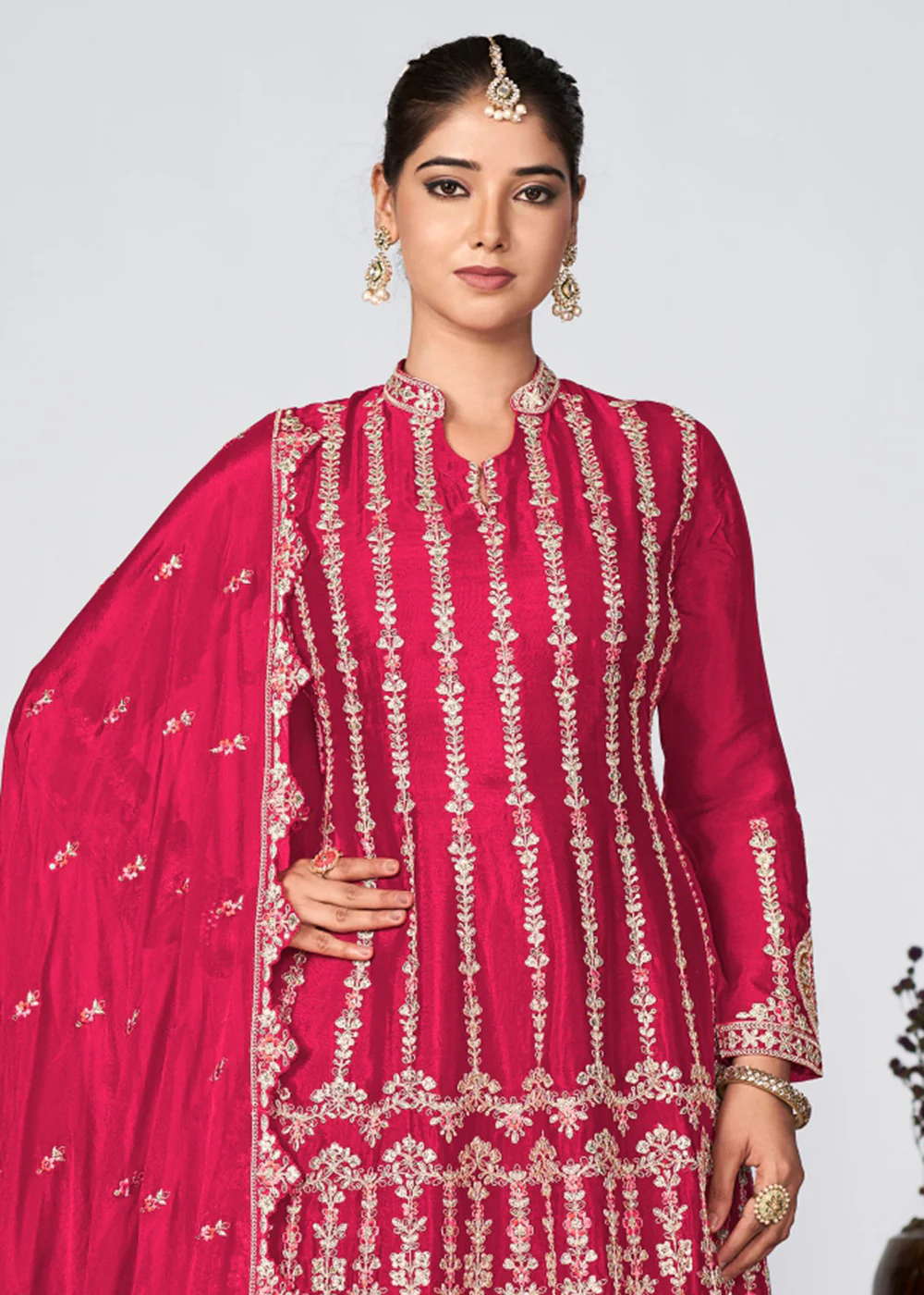 Pink Heavy Chinnon Embroidered Festive Palazzo Suit - Image 2