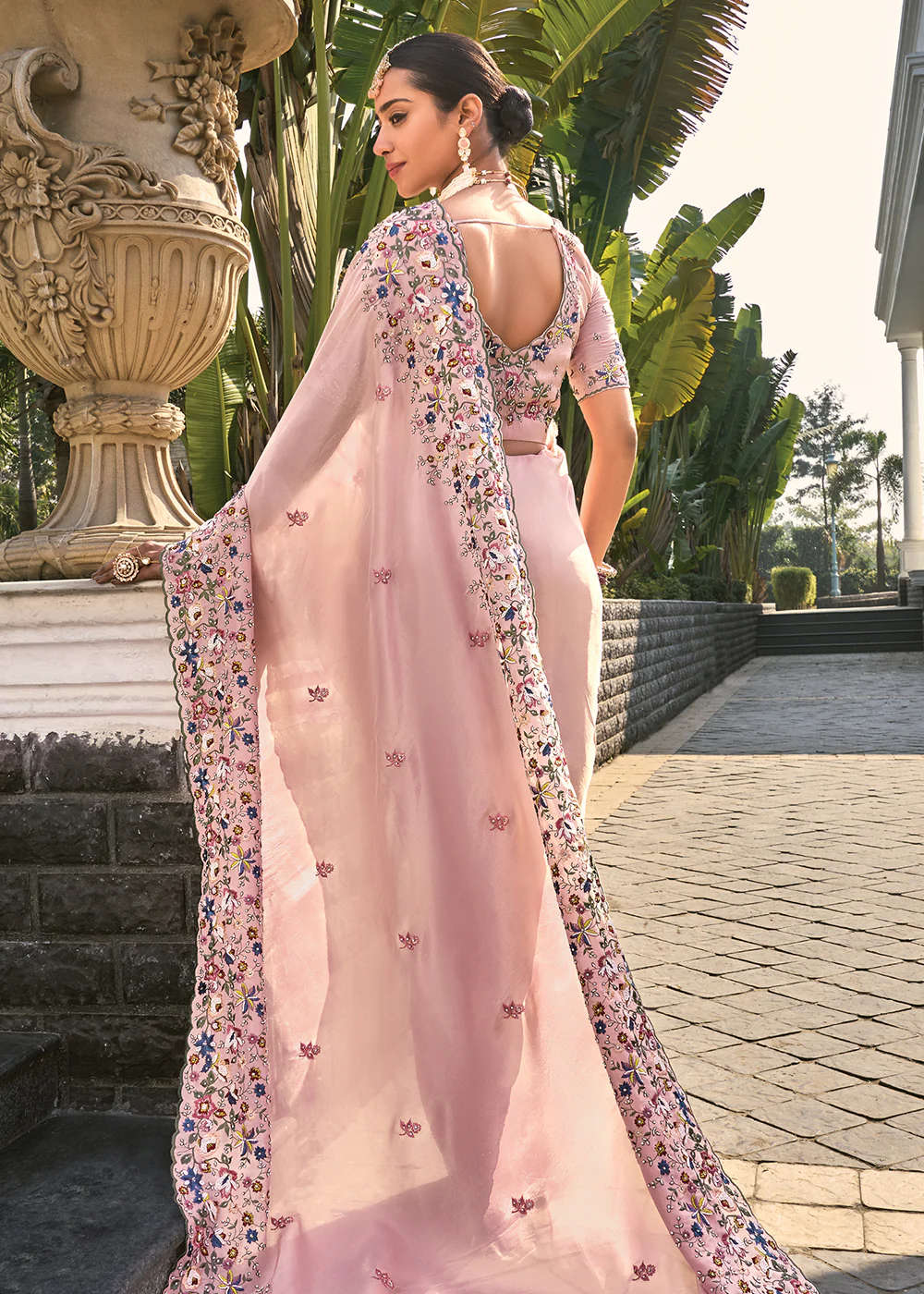 Pink Heavy Embroidered Wedding Designer Saree - Image 3