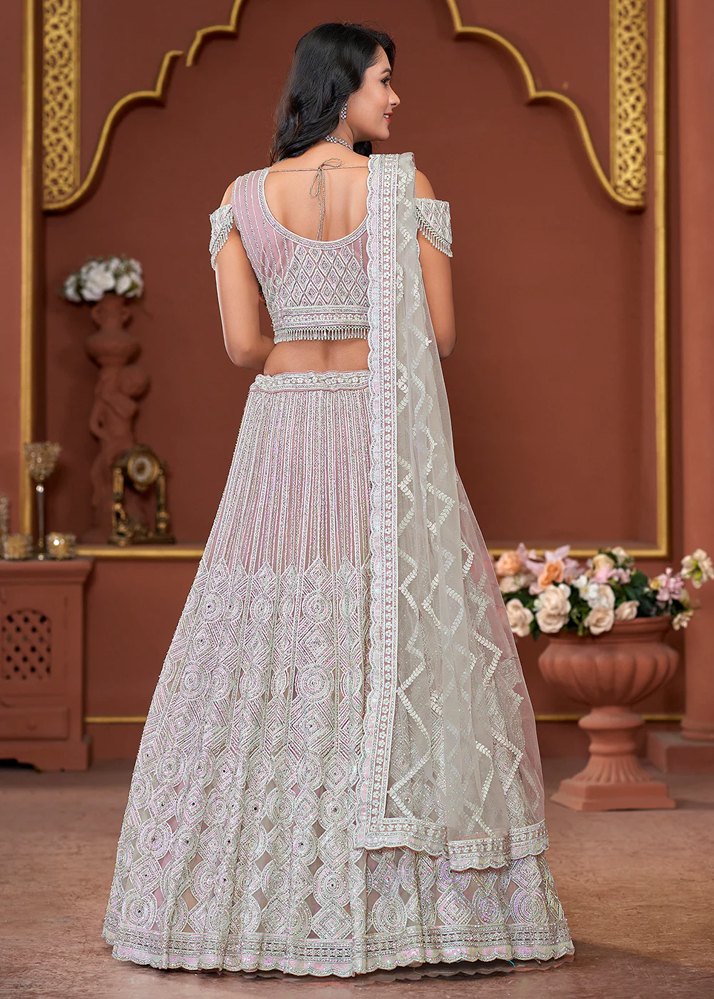 Pink Heavy Embroidered Wedding Wear Lehenga Choli - Image 3