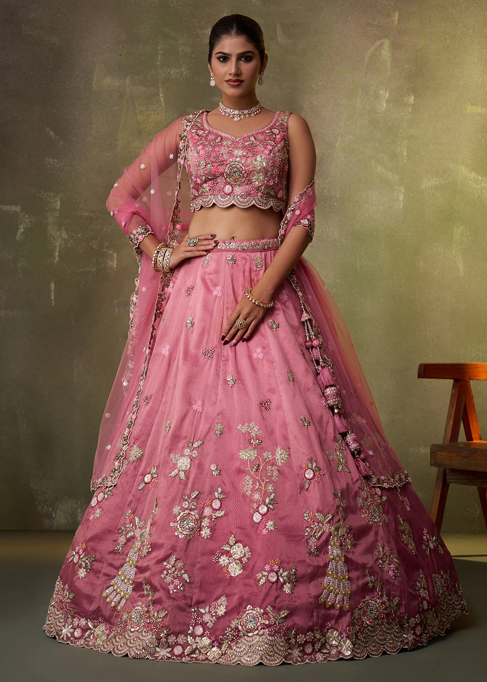 Pink Heavy Tissue Pre Wedding Party Lehenga Choli