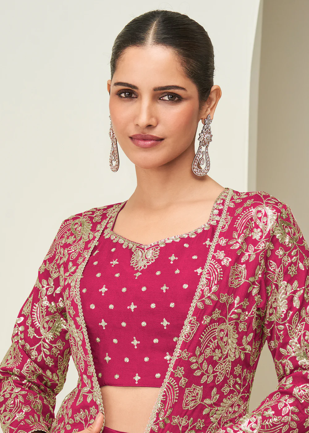 Pink Jacket & Crop Top Style Party Palazzo Suit - Image 2