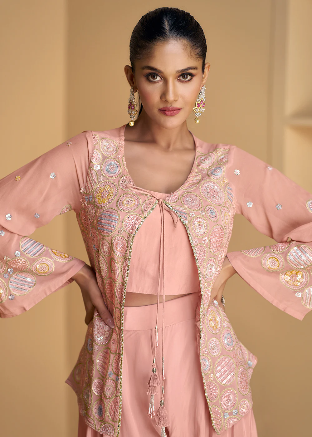 Pink Jacket Style Embroidered Indo Western Palazzo Suit - Image 2