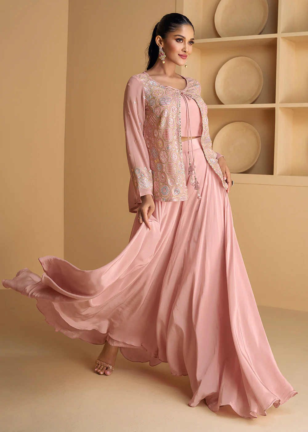 Pink Jacket Style Embroidered Indo Western Palazzo Suit - Image 4