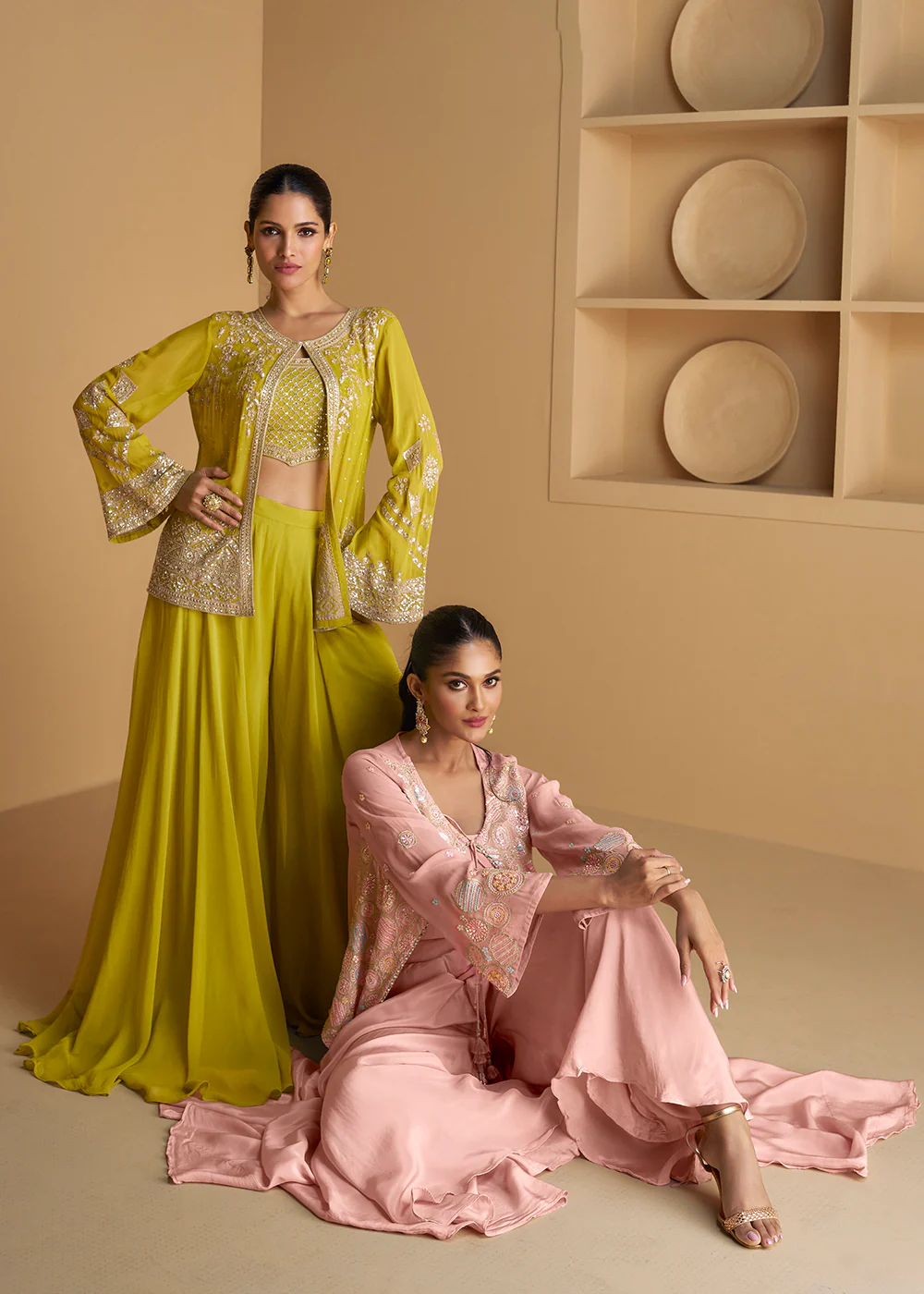 Pink Jacket Style Embroidered Indo Western Palazzo Suit - Image 5