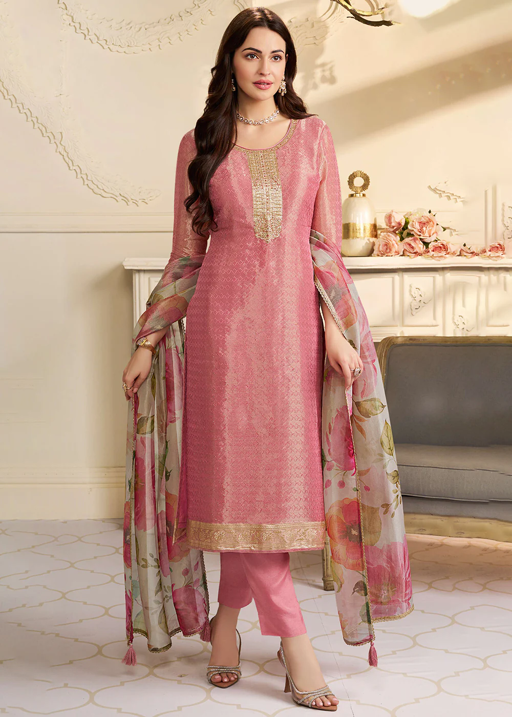 Pink Kanchipuram Silk Embroidered Pant Style Suit