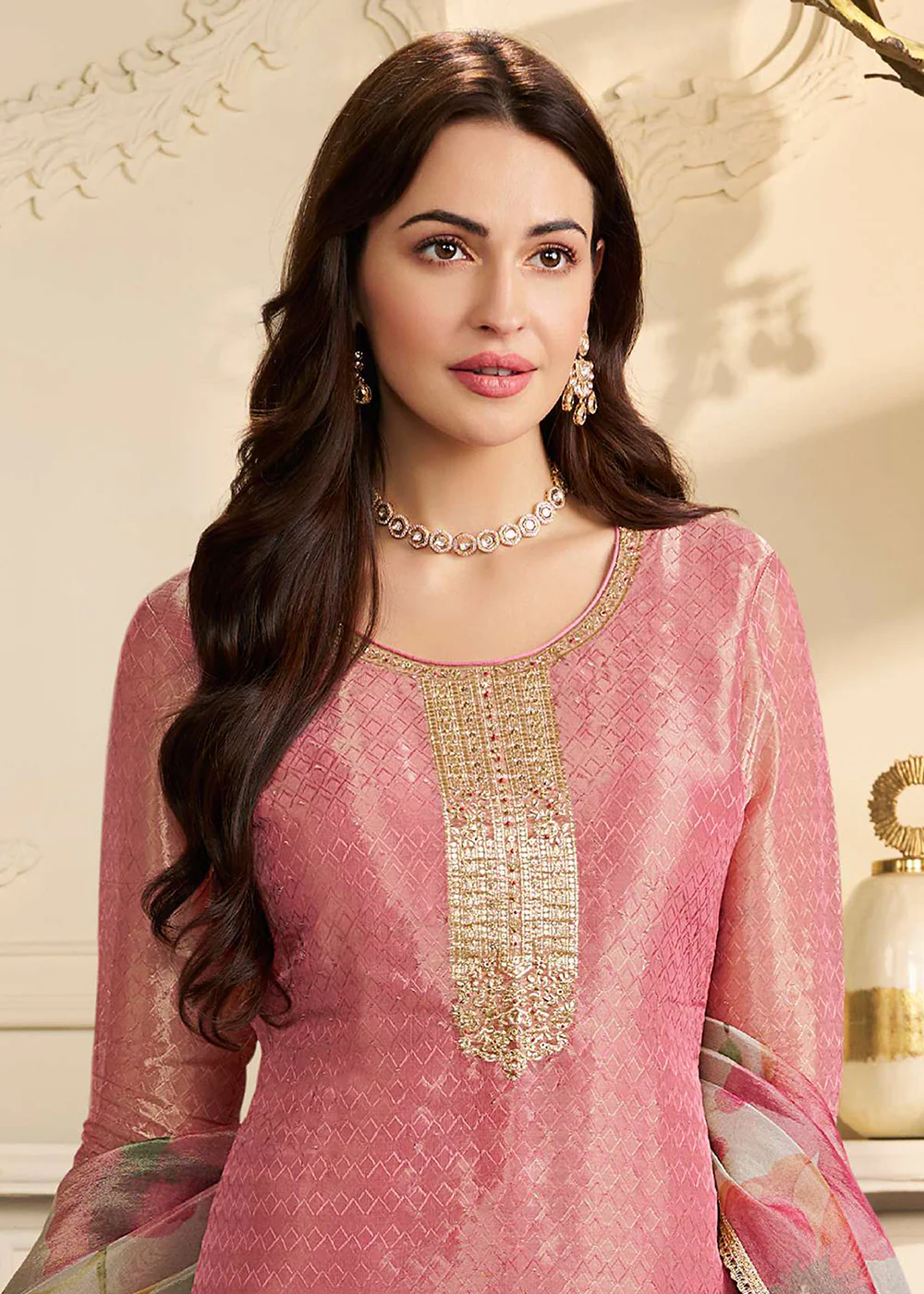 Pink Kanchipuram Silk Embroidered Pant Style Suit - Image 2