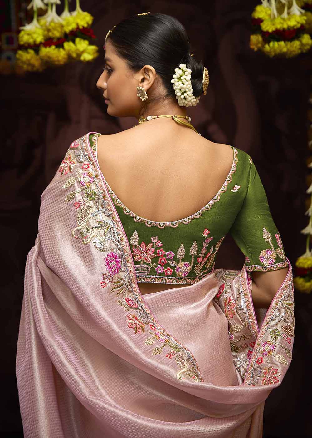Pink Kanjivaram Silk Embroidered Designer Saree - Image 3