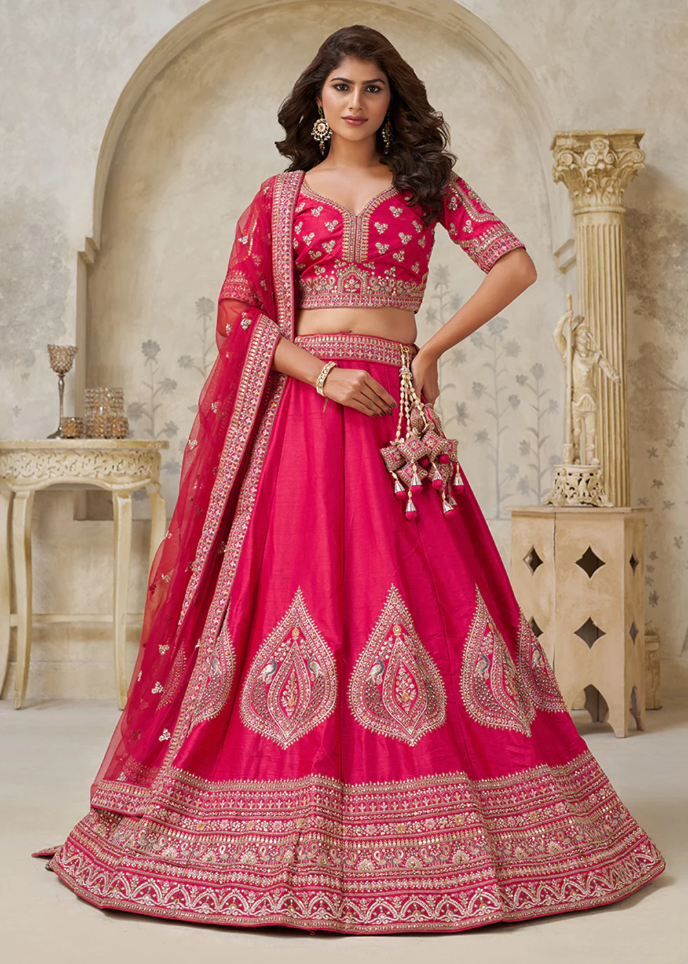 Pink Leaf Motifs Embroidered Wedding Lehenga Choli