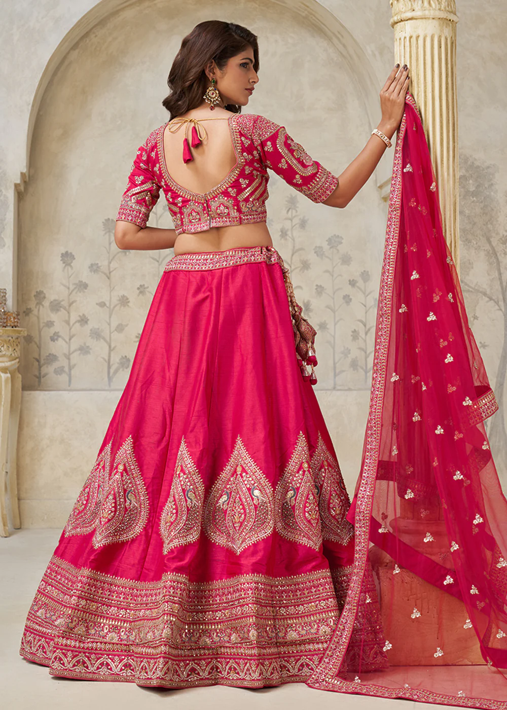 Pink Leaf Motifs Embroidered Wedding Lehenga Choli - Image 3